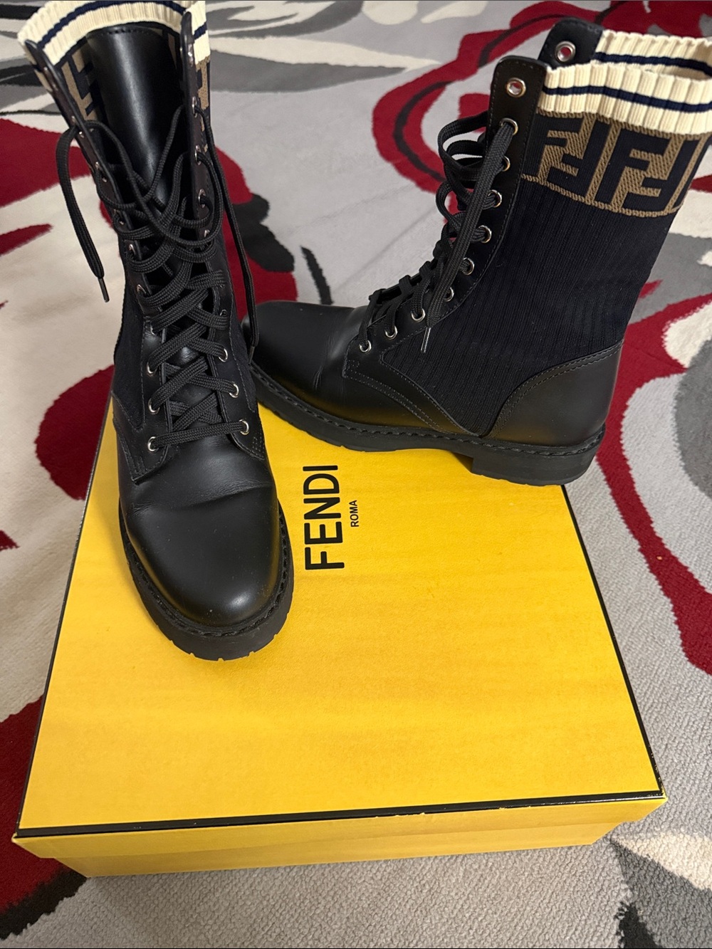 Fendi Black Leather Lace-Up Combat Boots with Cream Knit Cuff